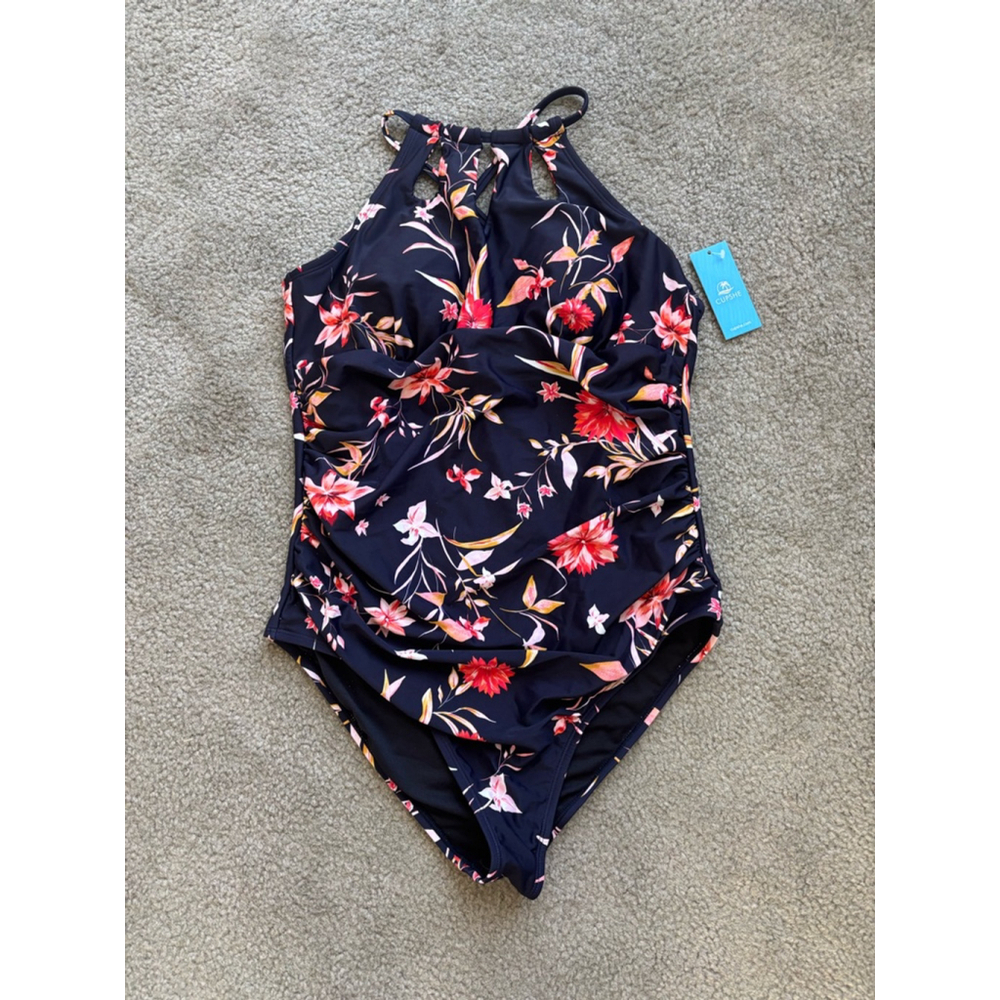 NWT Cupshe Rich Flower Cutout Tie Back One Piece Swimsuit in Navy Red Floral - Picture 3 of 12